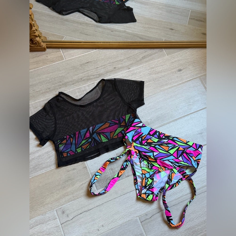 Sheer Black Crop Top with Vibrant Geometric Bottoms